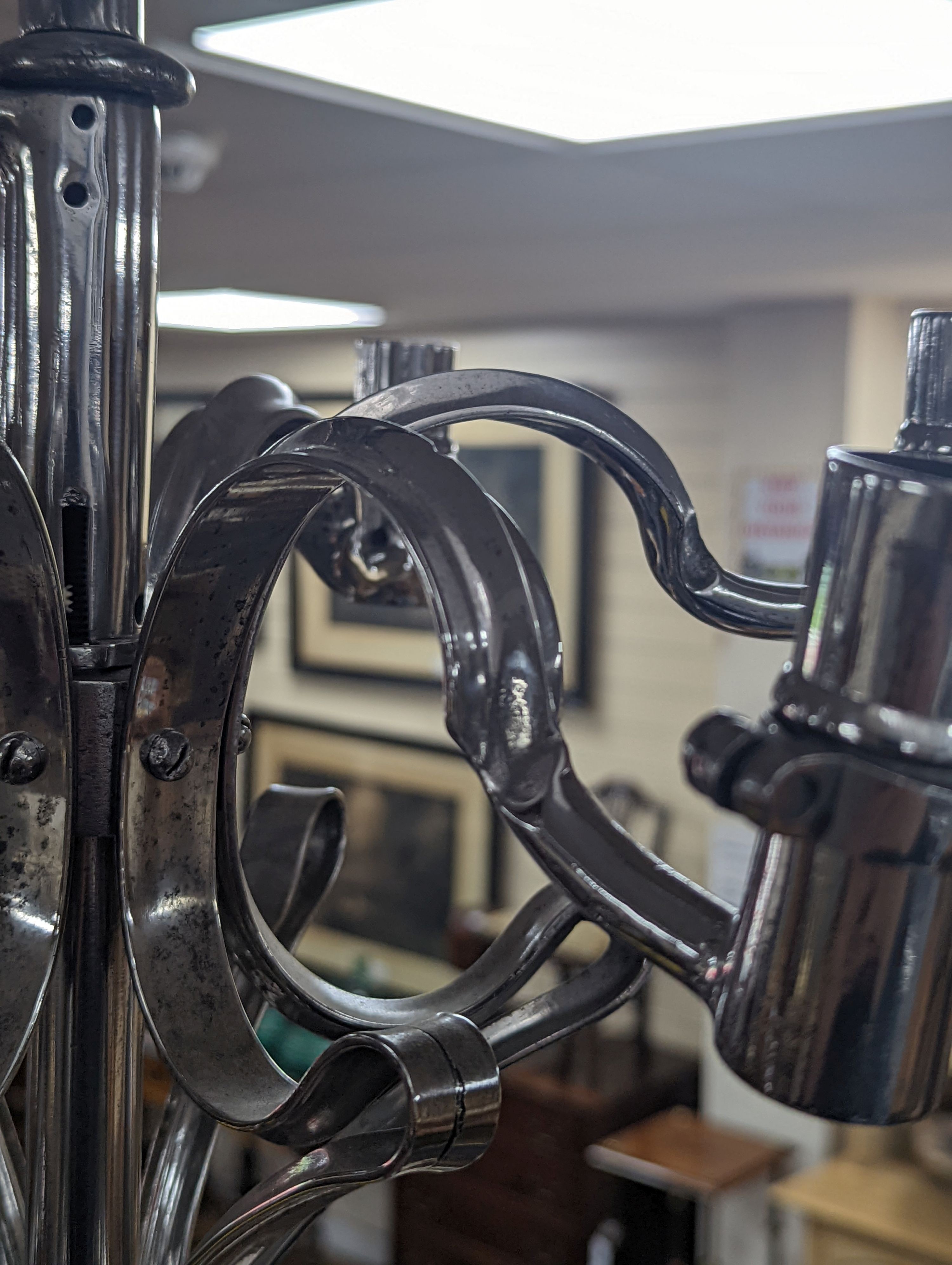 Military interest - a Trench art six light chandelier constructed from French bayonets